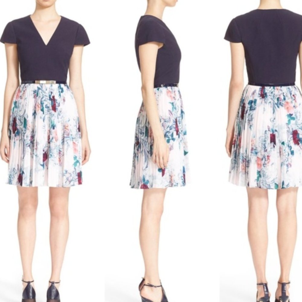 TED BAKER BLUE FLORAL DESSY DRESS SIZE 0 pink amd blue